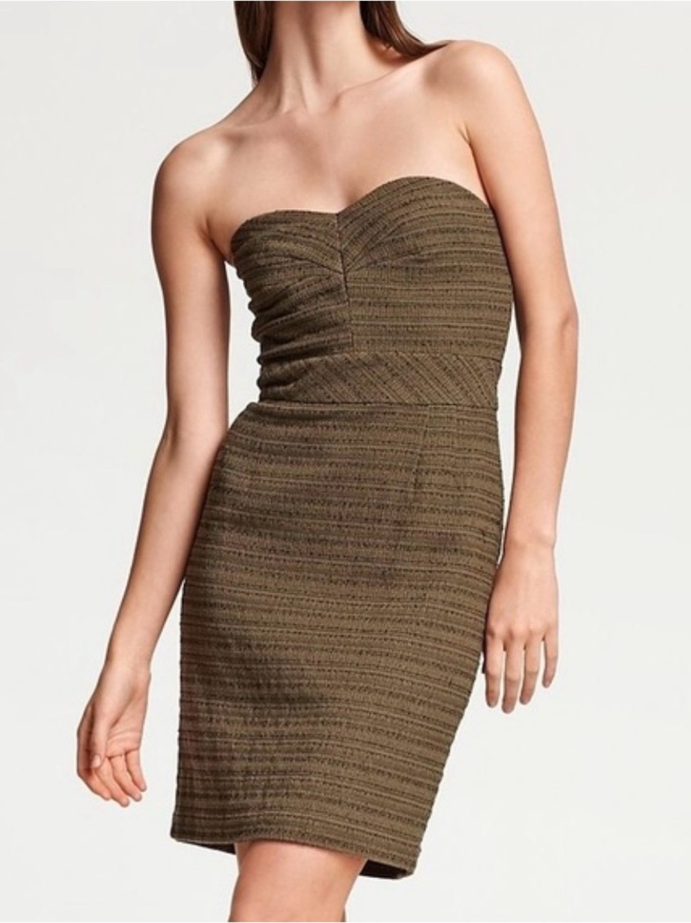 Trina Turk olive green textured tweed strapless sweetheart sheath dress SZ 4